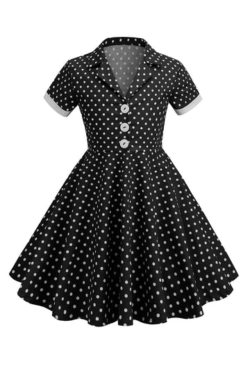 Black Vintage Polka Dots Girls' Dress